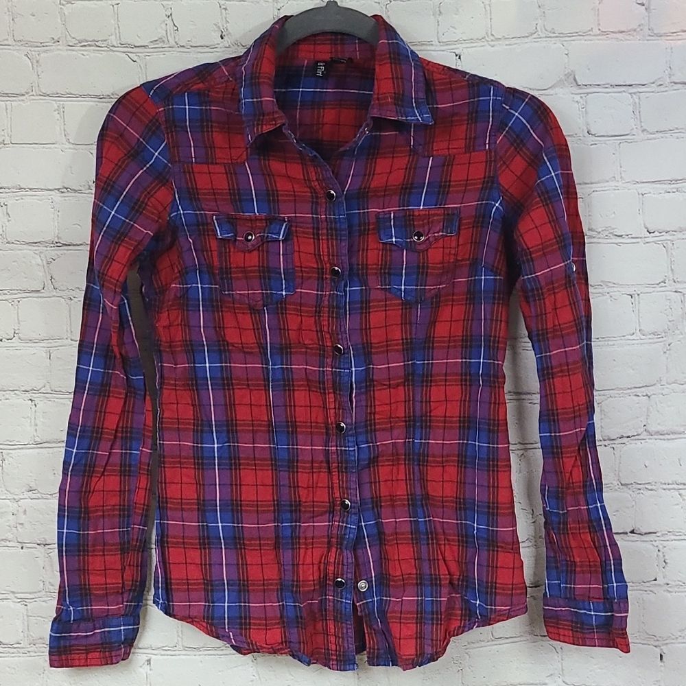 Fun & Flirt Red Plaid Western Snap Cotton Shirt Roll Snap Long Sleeves Small Top